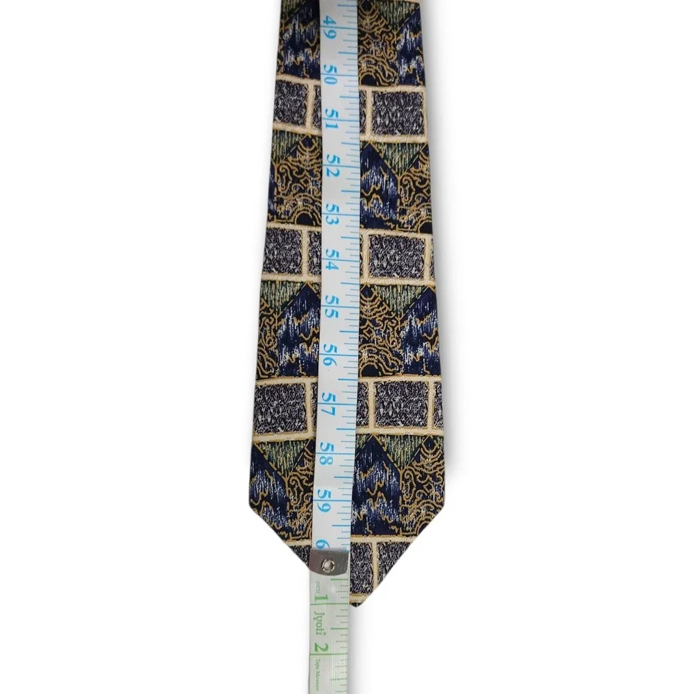 Albert Nipon Silk Necktie Abstract Geo Paisley Jacquard Blue Gold Vintage‎ OS